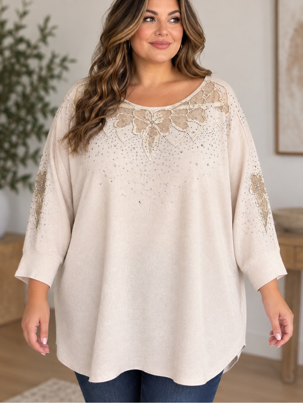 Siren Lily 3X Beige Embellished Floral Rhinestone Dolman Sleeve Sweater Tunic